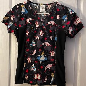 Disney scrub top - women’s, Alice in Wonderland, size XS, black